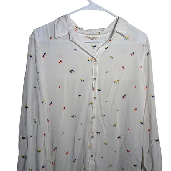 Jane & Delancey Shirt Women's Large Rainbow Button Up Frenchie Dog Casual Sheer - Picture 2 of 10
